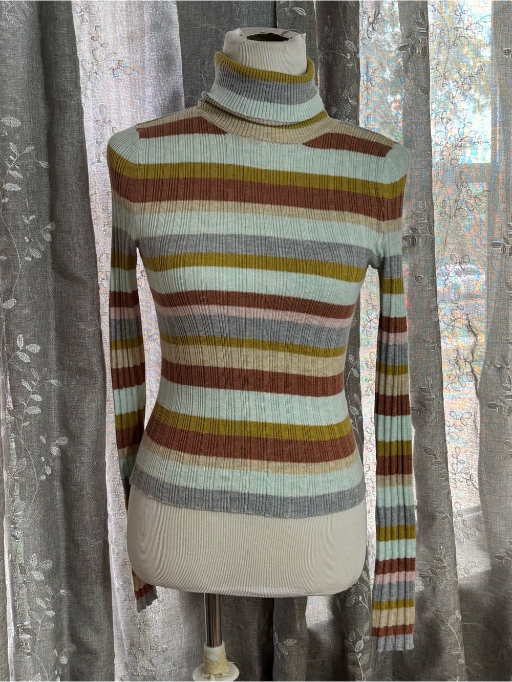 Striped Ribbed Turtleneck Sweater - Multicolor